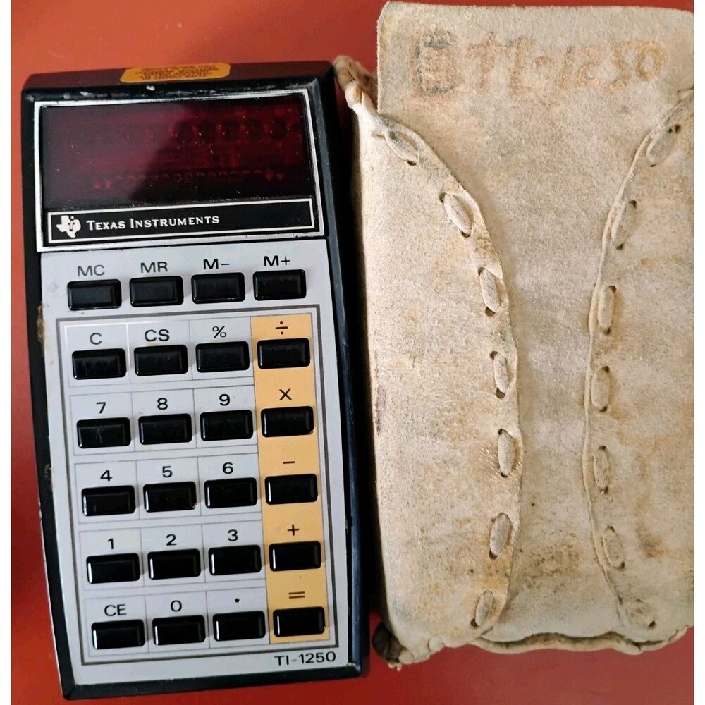 Vintage Texas Instruments TI-1250 Calculator 9V Tested Working W/ Suede Pouch